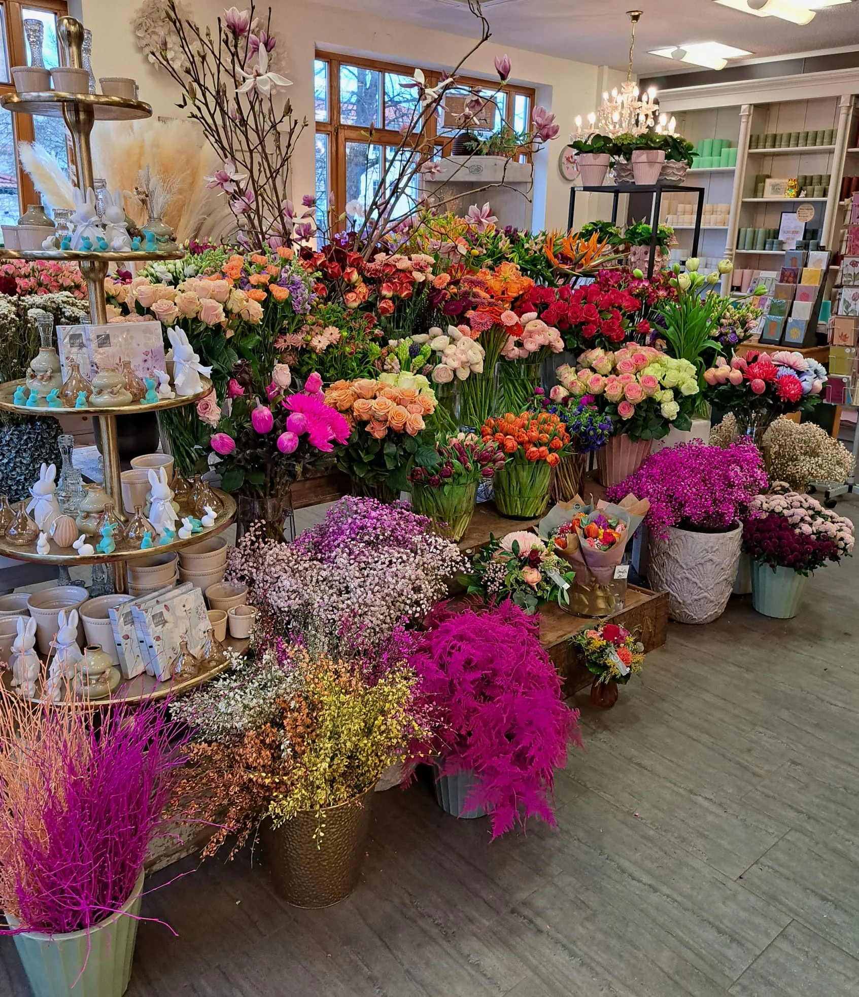 Blick in den Laden mit Eimern voller frischer Blumen